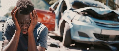 A distraught man holds his head in despair after a car accident photo