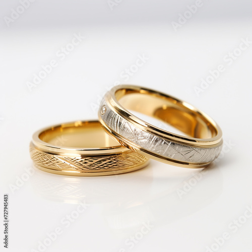 two wedding rings gold and silver with gilding lie on a white background, a symbol of love, sign of engagement