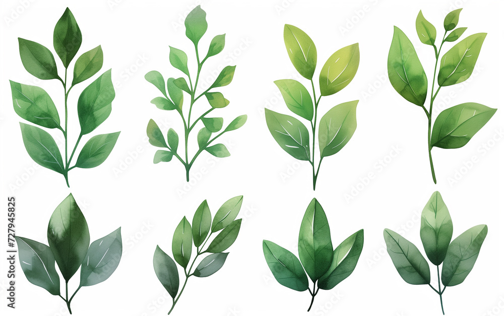 Collection of green watercolor foliage plants clipart on white background. Botanical spring summer leaves illustration. Suitable for wedding invitations, greeting cards, frames and bouquets.	