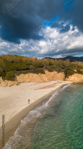 Aerial drone shots of the port of Teulada with Isola Rossa and Tramatzu beach with white sand and crystal clear water. photo