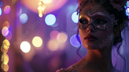 Young woman wearing a mask at a masquerade party