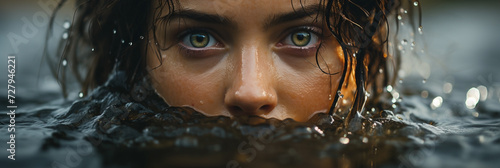 Lady eyes from water A closeup photo, direct and sharp eyesight look of a female with wet hair and raising out from water photo