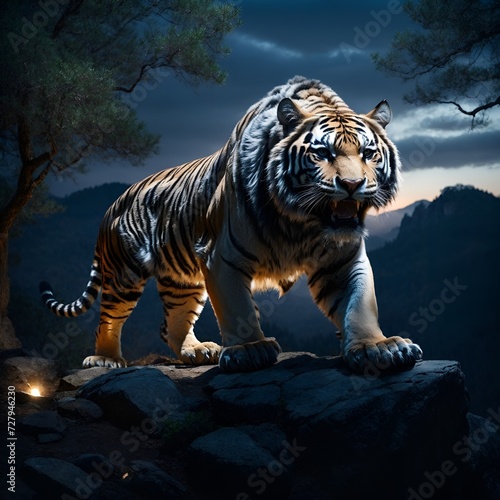 Immerse in the tranquil Blue Hour, where the glow connects with a rocky forest's mysteries. Atop a shadowed rock, a tiger roars, teeth bared, enhancing the guardian spirit's powerful moment in silence