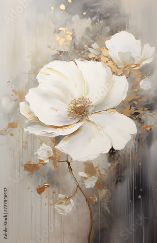 pano picture oil painting white flower with golden brush strokes with texture, elegant, romantic, luxurious bud