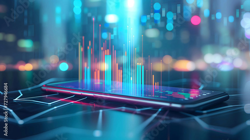 working in mobilephone or smartphone, show data and histogram financial or business or investment growth concept