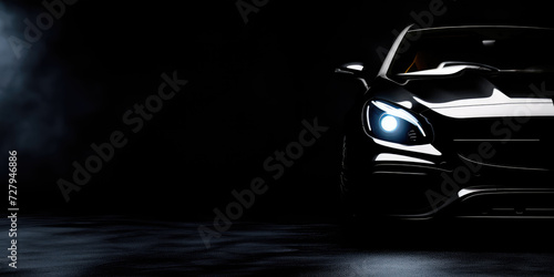A sleek car is revealed through the shadows, its headlights piercing the darkness with a modern and mysterious allure. photo