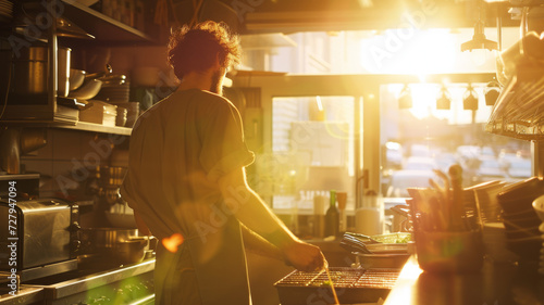 A man in a sunlit kitchen.