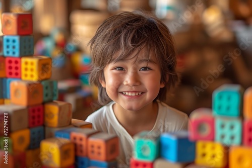 A joyful young boy's radiant smile lights up the frame as he proudly holds up a toy block, capturing the essence of childhood innocence and playfulness