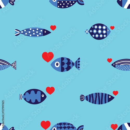 Cute blue fish and hearts. Kids background. Seamless pattern. Can be used in textile industry, paper, background, scrapbooking.