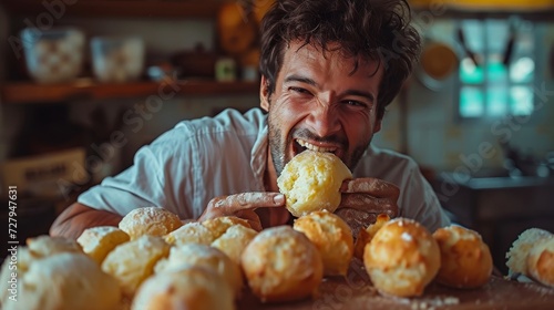 Young man biting brazilian cheese bread - pao de queijo