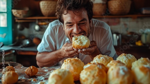 Young man biting brazilian cheese bread - pao de queijo photo