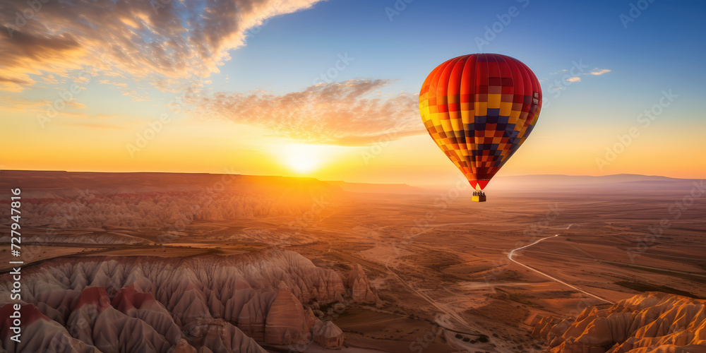 Hot air balloons float over a stunning landscape at sunrise, with vivid colors painting the sky.