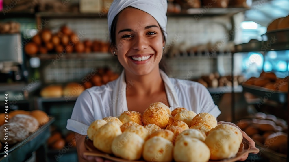 Young chief woman holding a plate with brazilian cheese bread - pao de queijo on hands