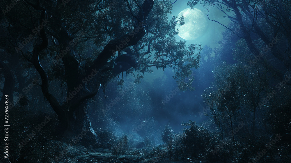 Ethereal scene in a dark forest, where a gentle luminous monster emits a soft glow, creating an enchanting and magical ambiance under the moonlight - obrazy, fototapety, plakaty 
