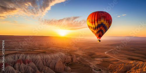 Hot air balloons float over a stunning landscape at sunrise, with vivid colors painting the sky.