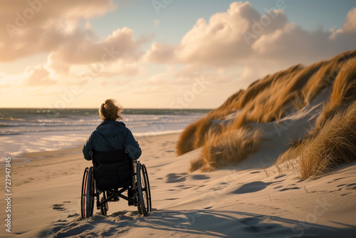 Woman in wheelchair admiring a breathtaking seaside landscape at sunset, reflecting tranquility and freedom