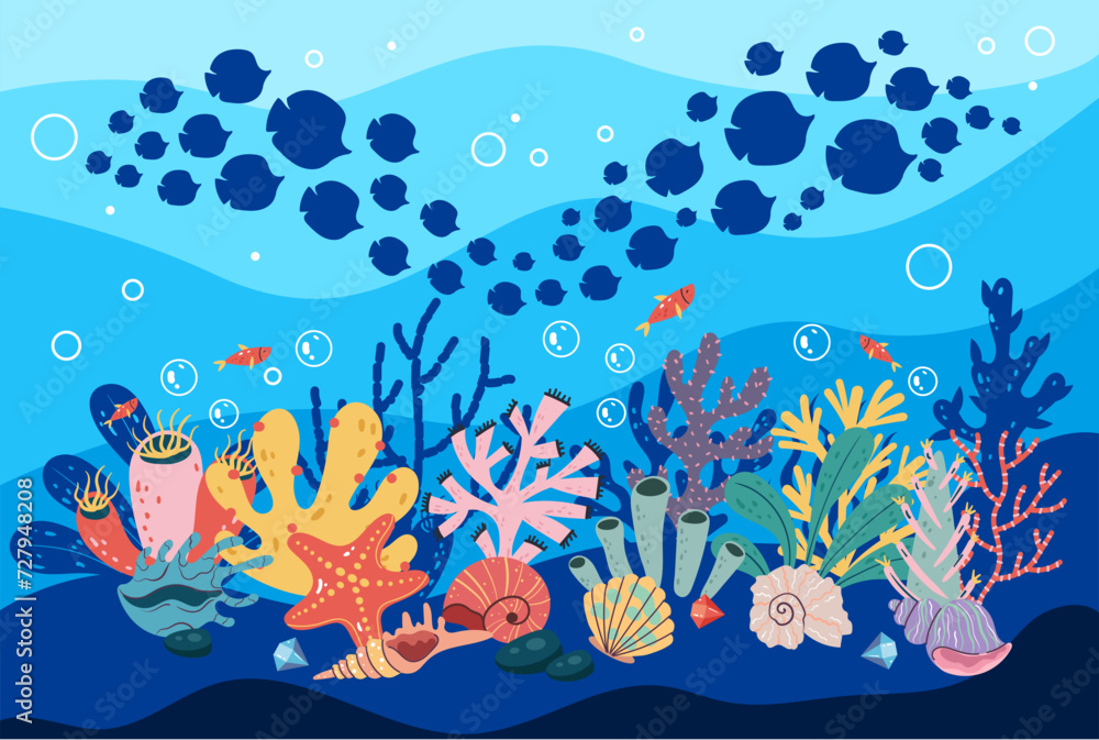 Fototapeta premium Exotic coral reef seamless cover banner underwater nature life concept. Vector flat graphic design element concept 