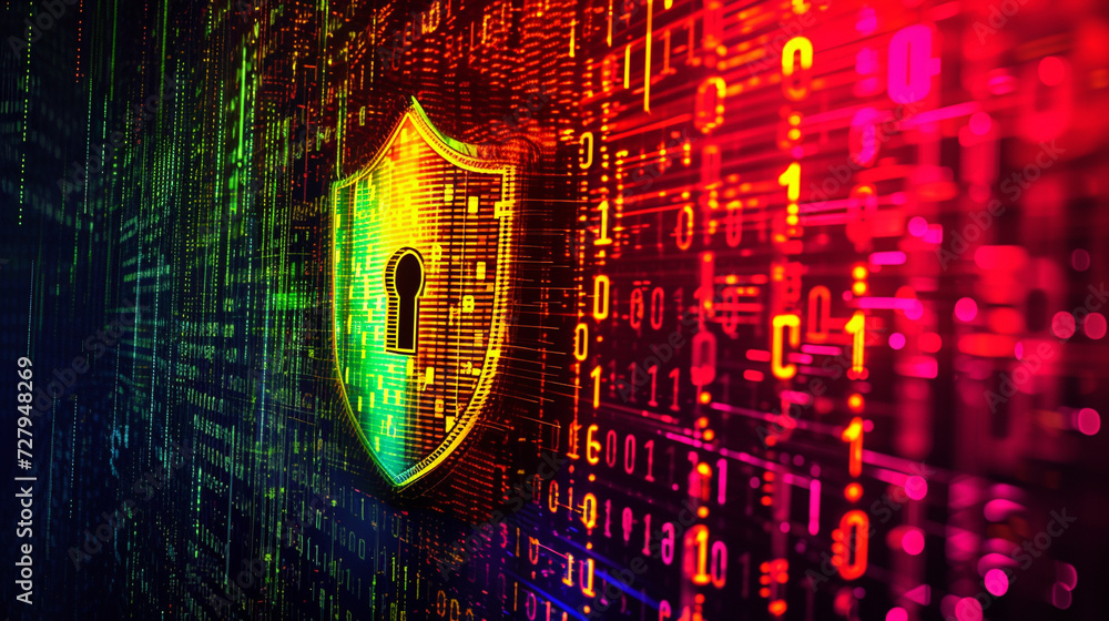 Cybersecurity shield concept, with binary code merging into a digital ...