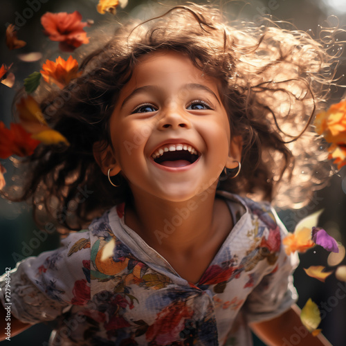 Exotic Bliss: Joyful Girl in Vibrant Dress with Colorful Backdrop, Carrying Flowers - Generative AI