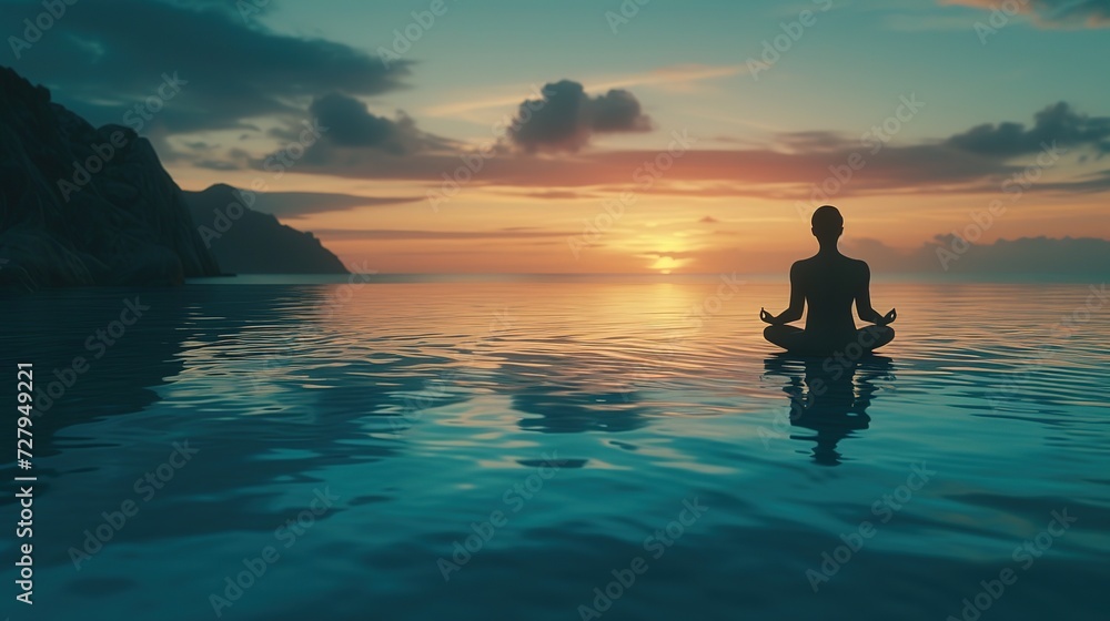 Silhouette of a peaceful person in meditation pose on calm waters with a stunning sunset and mountain backdrop.