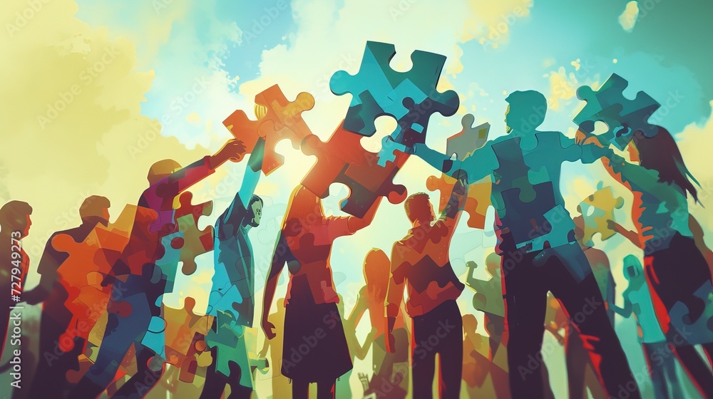 Illustration of a vibrant community raising large puzzle pieces against a sunny sky, representing unity and collaborative success. - obrazy, fototapety, plakaty 