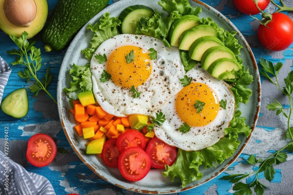 A colorful breakfast platter with fried eggs, fresh vegetables, and avocado slices A colorful breakfast platter with fried eggs, fresh vegetables, and avocado slices