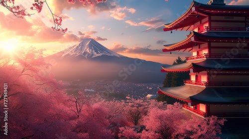 The golden sunset sky backdrops Mount and a striking red pagoda, with the delicate pink of cherry blossoms creating an enchanting Japanese scene.