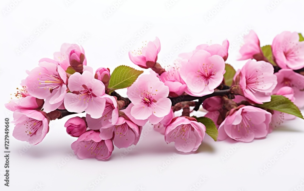 Bright pink cherry tree flowers on white isolated background