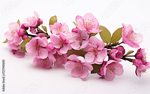 Bright pink cherry tree flowers on white isolated background