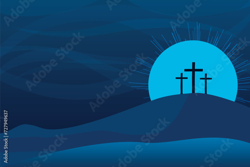 Easter illustration with three crosses on hill and blue sky with full moon at night.