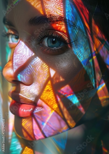 Creative portrait of a girl through a kaleidoscope or stained glass window. Surreal refraction  multifaceted  bright  colorful reflection on the face.