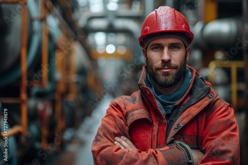 A rugged blue-collar worker braves the streets, donning a hard hat and jacket, ready to tackle any building project or emergency as a fearless firefighter © Larisa AI