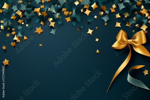 Fototapeta Abstract blue background with golden stars and confetti. 3d illustration.
