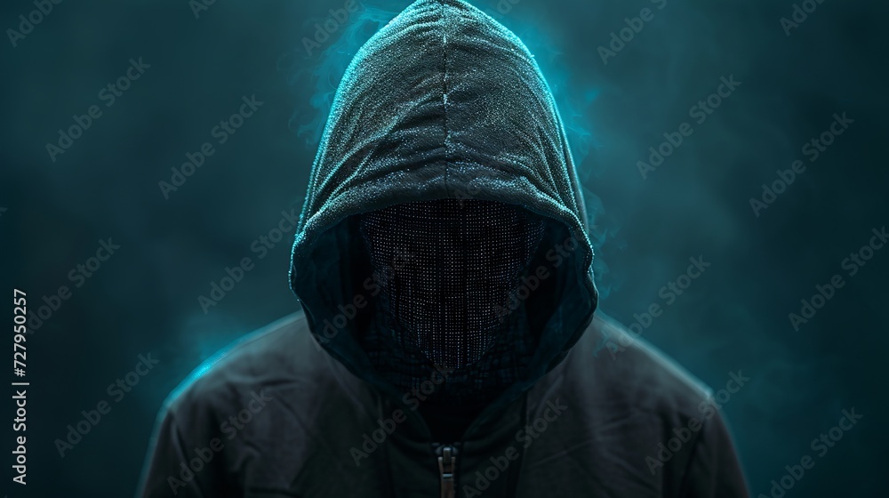 Mysterious figure in hoodie with digital face creating a sense of cyber anonymity - obrazy, fototapety, plakaty 