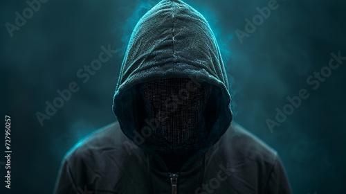 Mysterious figure in hoodie with digital face creating a sense of cyber anonymity photo
