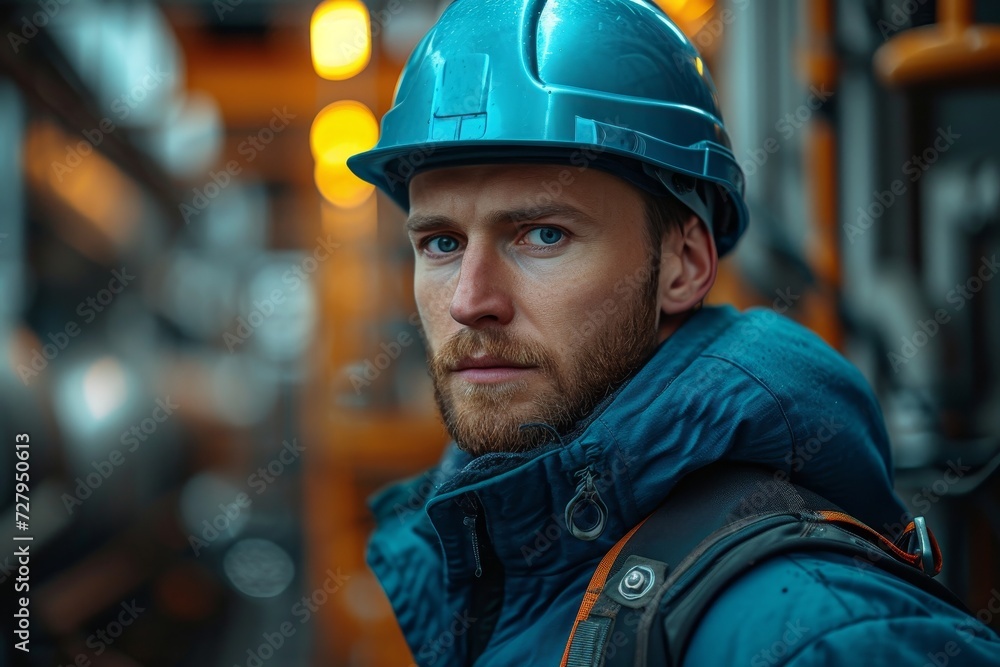 A determined blue-collar worker wearing a hard hat and workwear gazes confidently at the building site, ready to engineer progress on the bustling city street A determined blue-collar worker wearing a hard hat and workwear gazes confidently at the building site, ready to engineer progress on the bustling city street