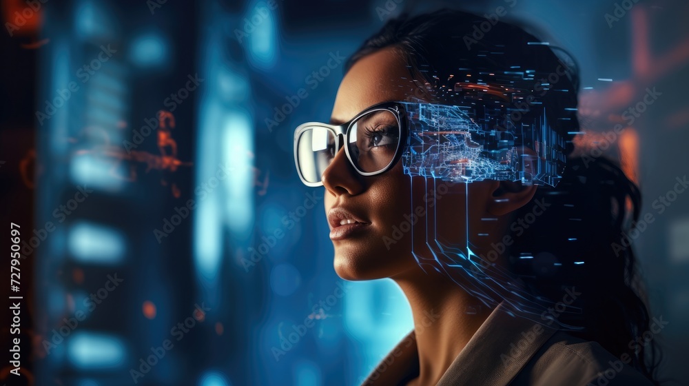 Hi-tech eyeglass, attractive woman wearing high technology glasses with Data line icon on eyeglasses and voice assistance function, generative ai - obrazy, fototapety, plakaty 