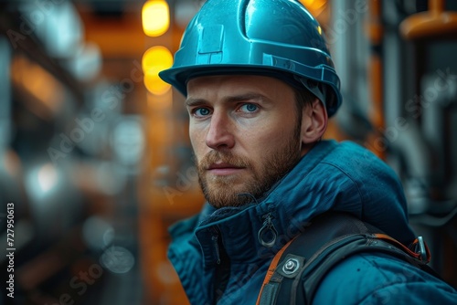 A determined blue-collar worker wearing a hard hat and workwear gazes confidently at the building site, ready to engineer progress on the bustling city street