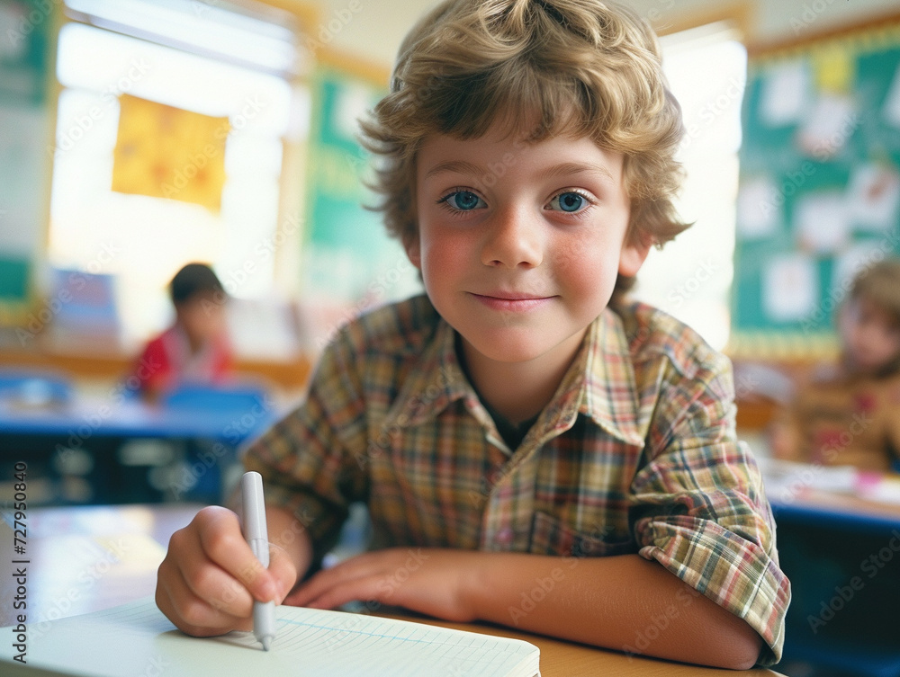 British boy kindergarten student sits and writes note in the classroom, Education in schools in the Europe zone, Classroom in kindergarten. British boy kindergarten student sits and writes note in the classroom, Education in schools in the Europe zone, Classroom in kindergarten.