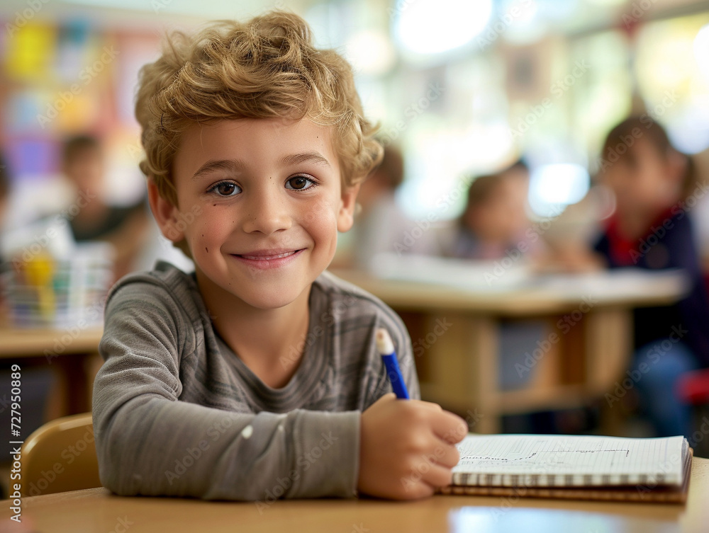 British boy kindergarten student sits and writes note in the classroom, Education in schools in the Europe zone, Classroom in kindergarten. British boy kindergarten student sits and writes note in the classroom, Education in schools in the Europe zone, Classroom in kindergarten.