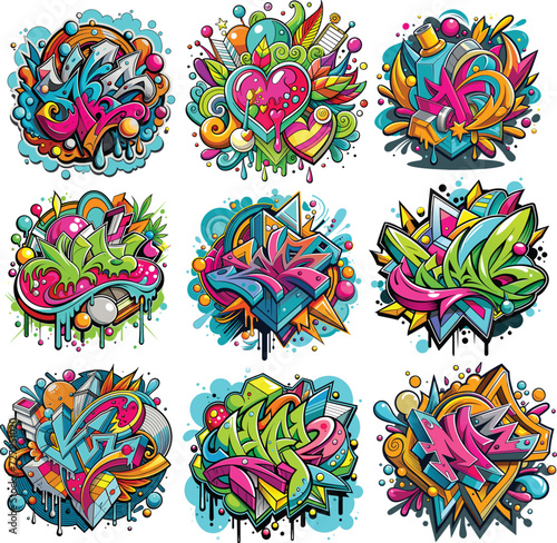 collection of 9 vector abstract graffiti elements in bright colours,generative ai