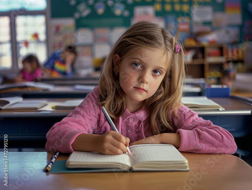 American girl kindergarten student sits and writes note in the classroom, Education in schools in the Europe zone, Classroom in kindergarten.