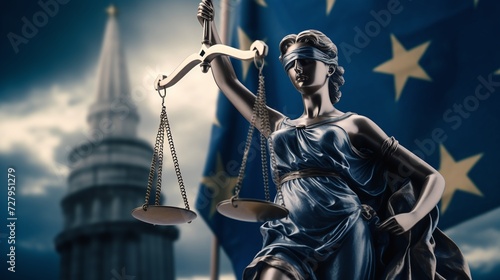 Statue of Lady Justice in front of European Union Flag Symbolizing EU Law and Justice System