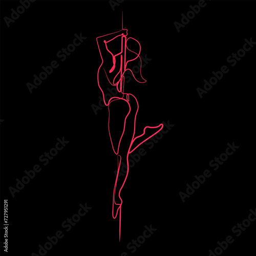 Dancing girl beautiful female abstract silhouette continuous line drawing, tattoo, print for clothes and logo design, silhouette one single line on black background, isolated vector illustration.