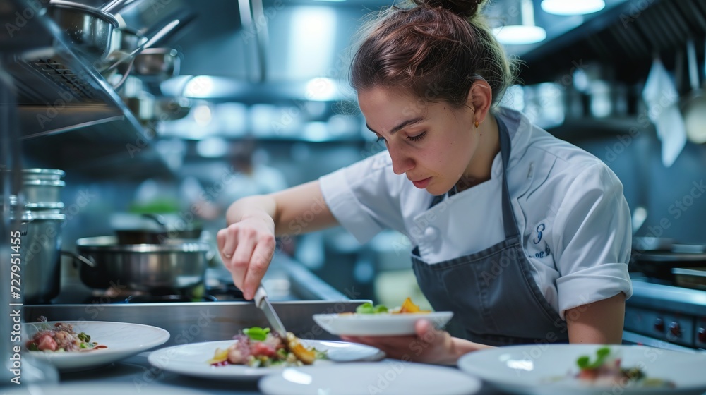 Focused Female Chef in Professional Kitchen Finishing Gourmet Dish with Precision and Care Focused Female Chef in Professional Kitchen Finishing Gourmet Dish with Precision and Care