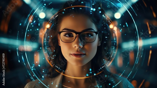 Hi-tech eyeglass, attractive woman wearing high technology glasses with Data line icon on eyeglasses and voice assistance function, generative ai