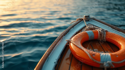 Tranquil sea journey with wooden boat bow and lifebuoy on a serene water adventure.