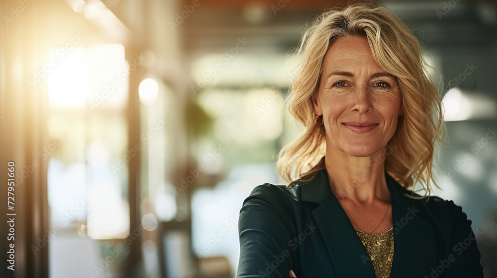 Confident Professional Businesswoman with Blonde Hair and Blue Blazer Smiling in Corporate Environment with Warm Sunlight Backdrop