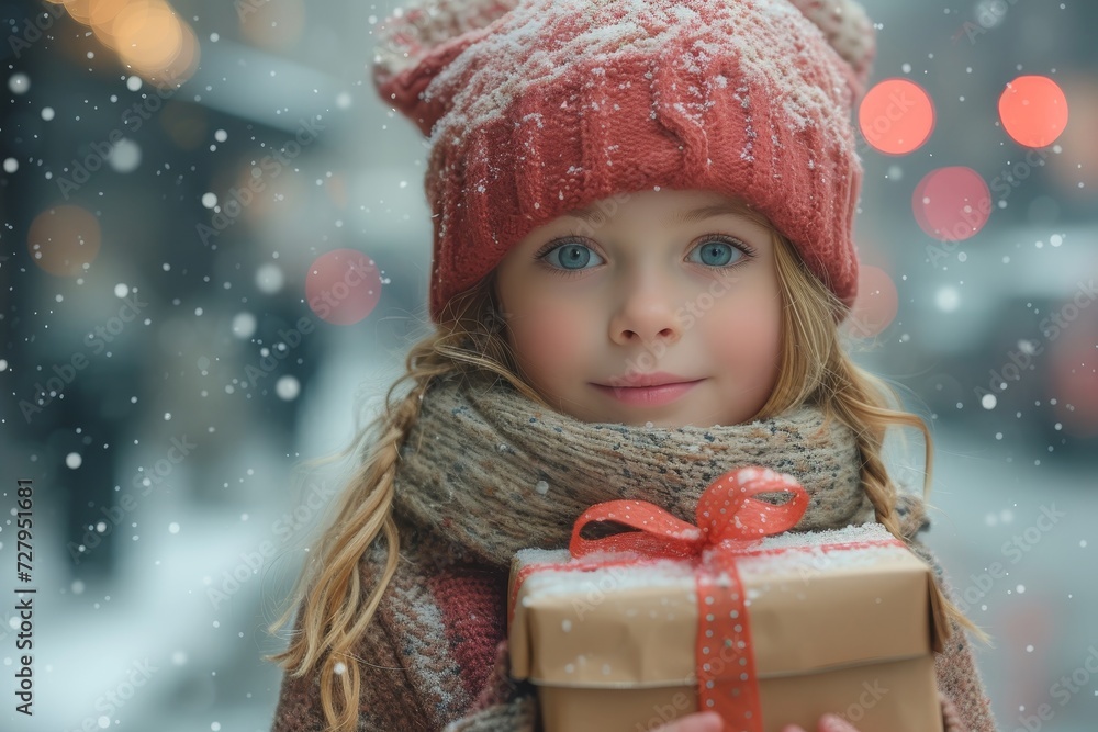 A young girl's joyful expression shines through her rosy cheeks as she stands in the winter wonderland, wearing a red bonnet and holding a christmas gift, surrounded by falling snow A young girl's joyful expression shines through her rosy cheeks as she stands in the winter wonderland, wearing a red bonnet and holding a christmas gift, surrounded by falling snow