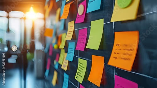 Colorful sticky notes on a blackboard for brainstorming and project planning in an office photo